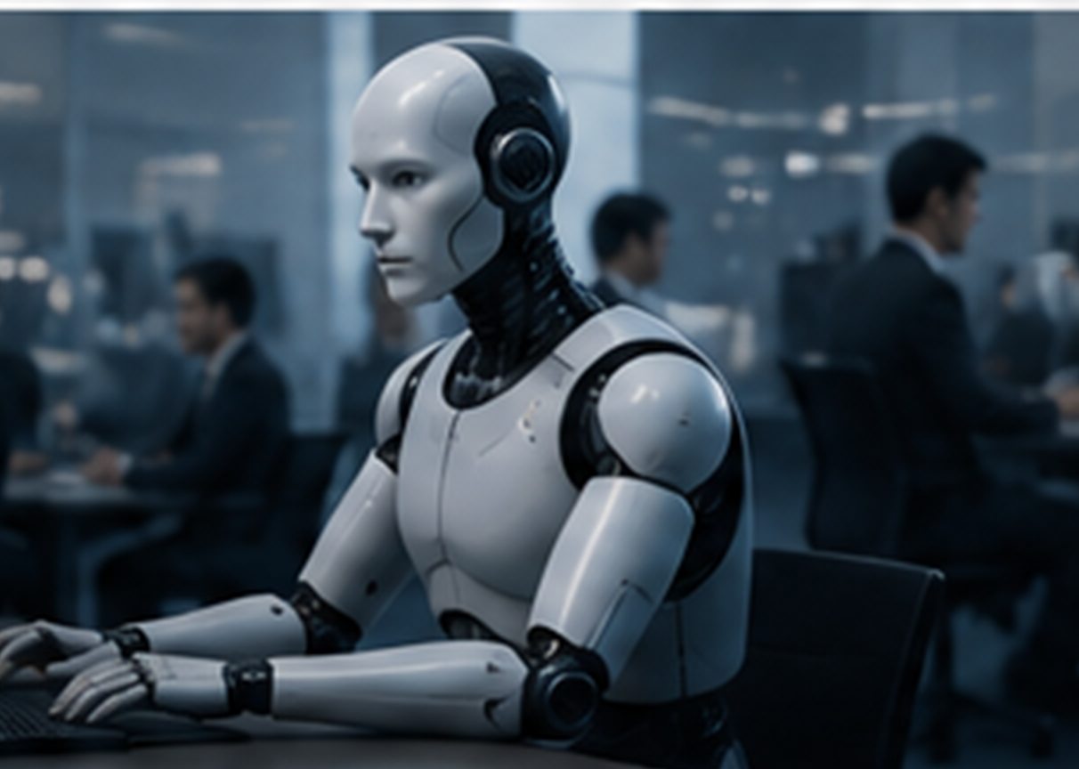 オフィスで人と並んで作業する人型ロボット